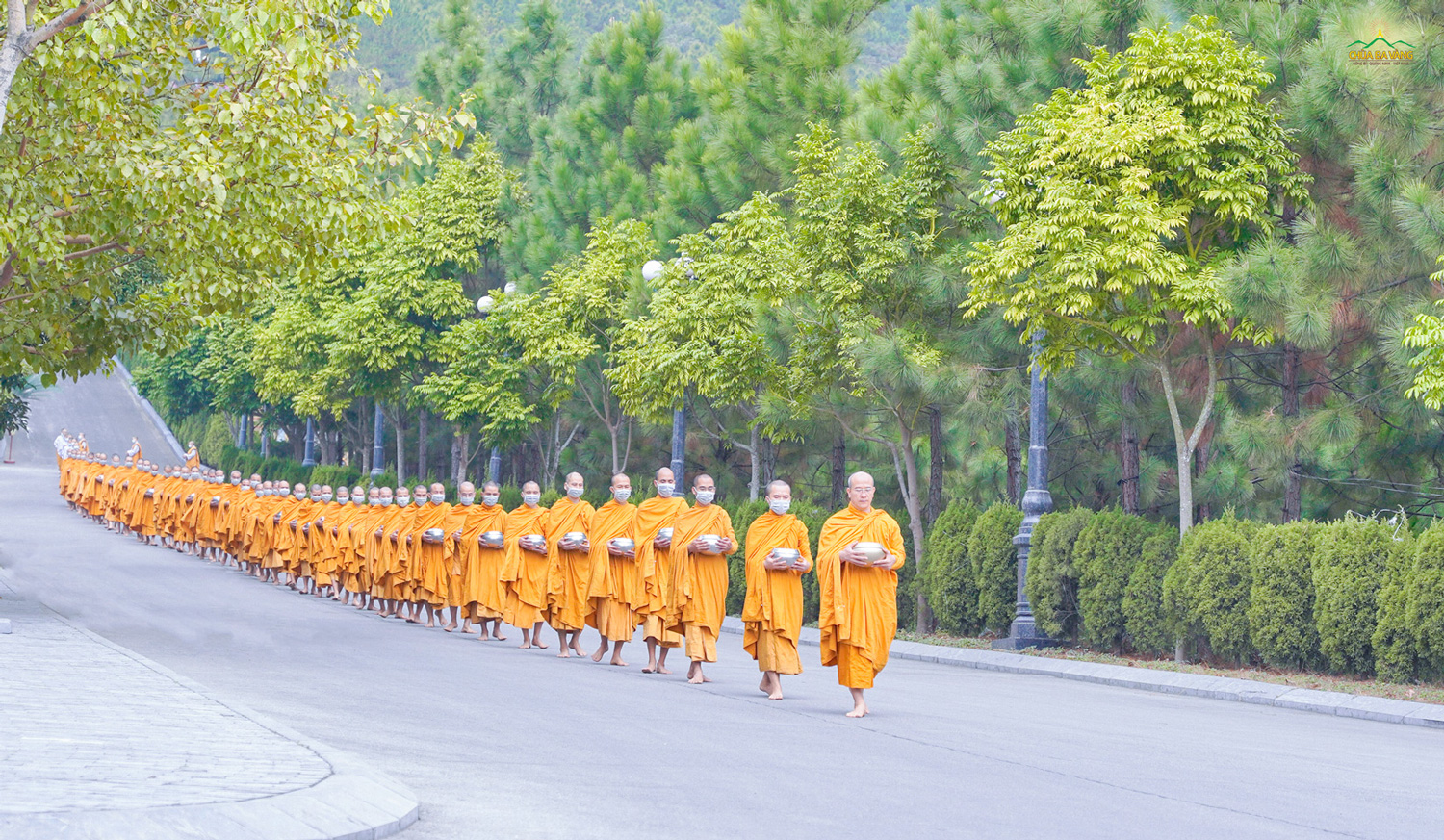 Tăng đoàn chùa Ba Vàng ôm bát khất thực trong khuôn viên bổn tự
