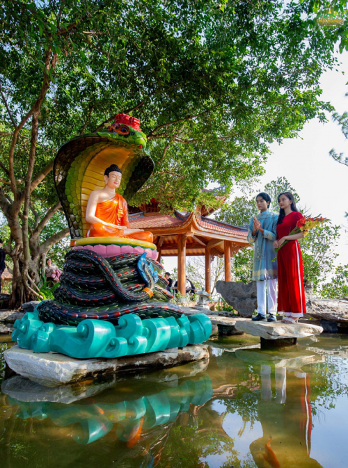Các bạn trẻ cung kính chắp tay trước tượng rắn Thần che mưa cho Đức Phật được đặt tại vườn thiền chùa Ba Vàng