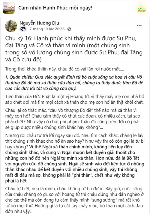 Bài viết trên nhóm Cảm nhận Hạnh phúc của Phật tử Nguyễn Hương Dịu  