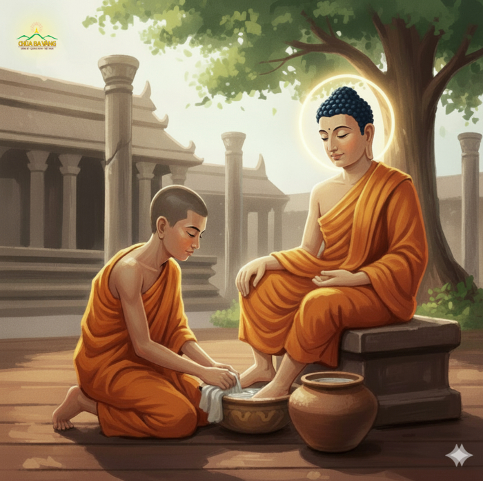 Đức Phật chỉ dạy La Hầu La mang chậu nước để rửa chân (ảnh minh họa)