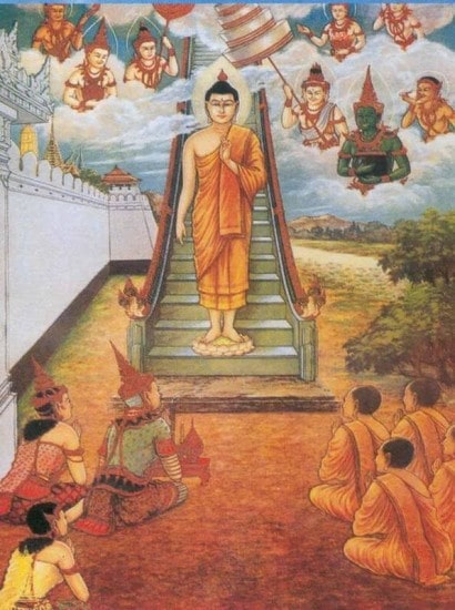 Đức Phật lên cung trời Đao Lợi thuyết giảng Pháp độ cho mẫu thân (Ảnh minh họa)